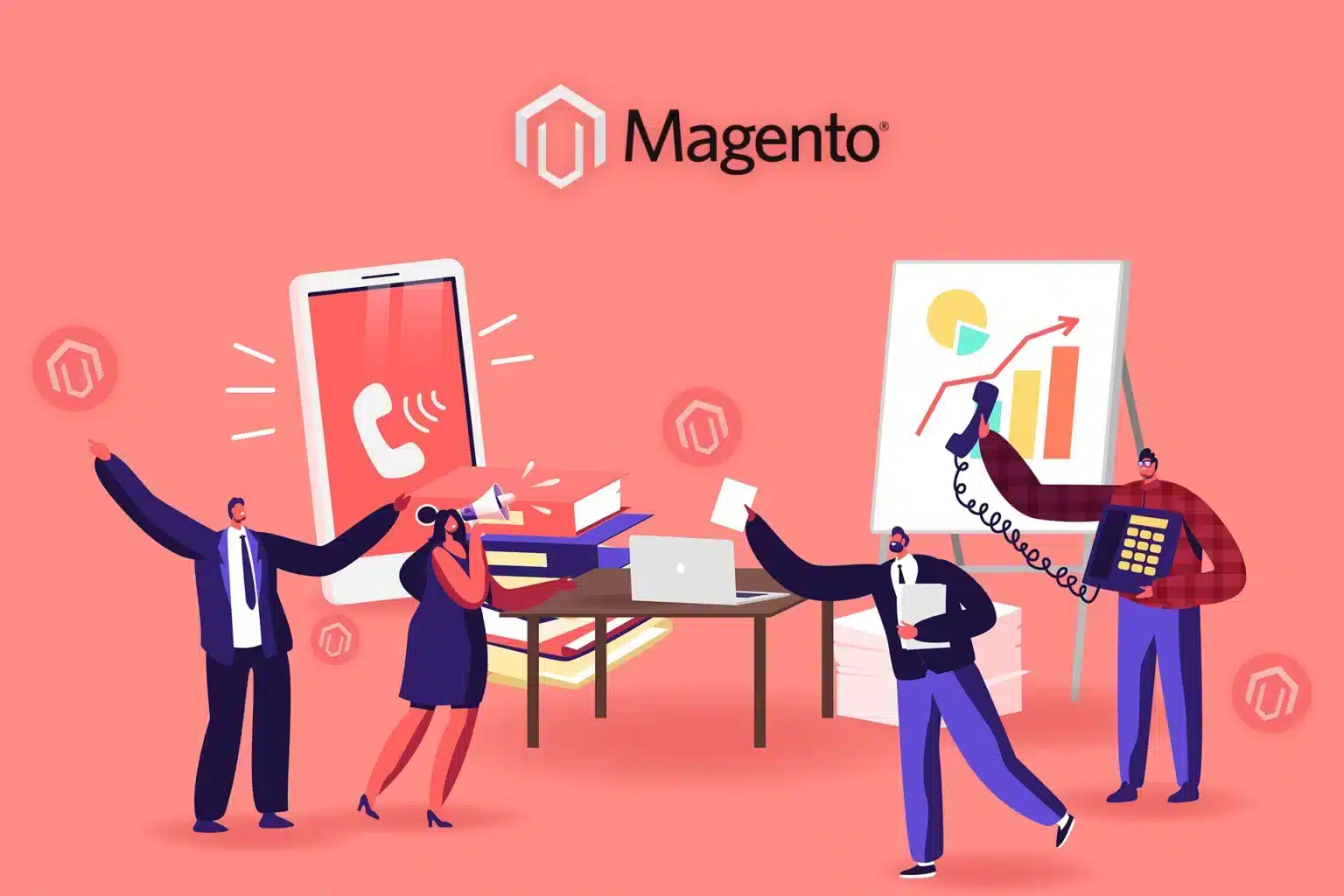 Ilustración, actividades de ecommerce y marketing con la plataforma Magento.