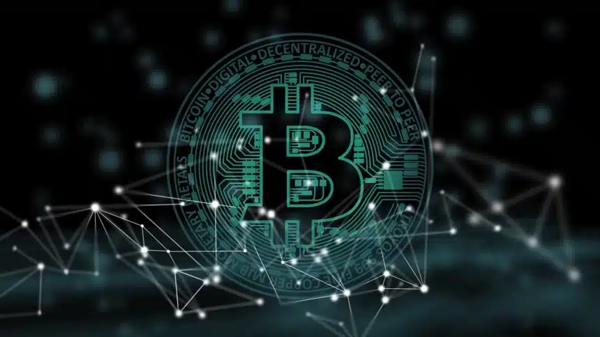Símbolo de Bitcoin con elementos de conectividad digital en verde representando la tecnología blockchain