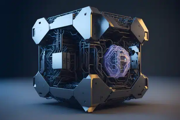 Imagen de una computadora cuántica futurista en un fondo oscuro, simbolizando la computación cuántica.