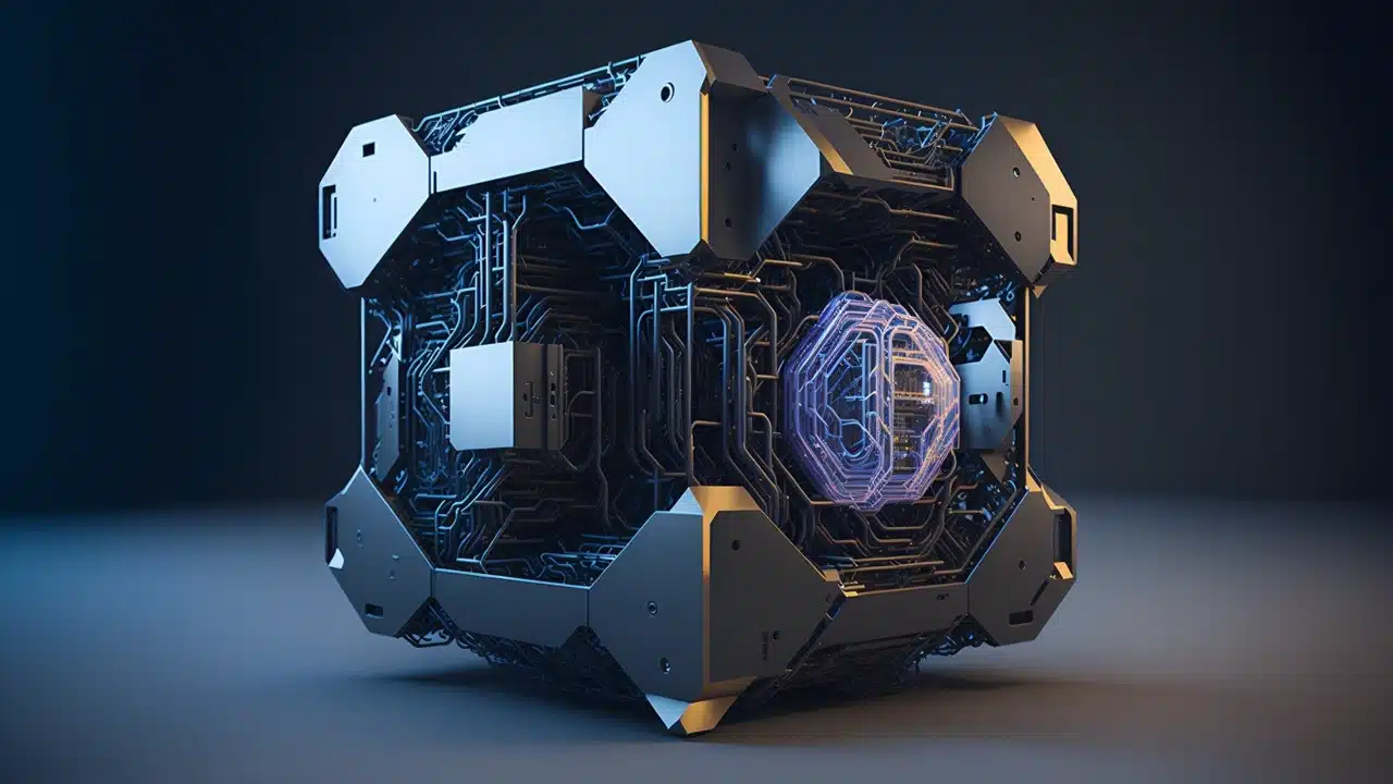 Imagen de una computadora cuántica futurista en un fondo oscuro, simbolizando la computación cuántica.
