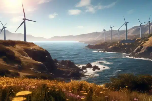 Ilustración de un paisaje con molinos de viento, energía renovable, tecnología sostenible.