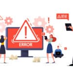 Ilustración de una pantalla con el texto error en grande, fondo rojo, y personas frustradas a su alrededor.