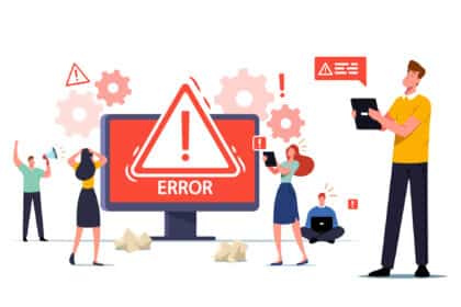 Ilustración de una pantalla con el texto error en grande, fondo rojo, y personas frustradas a su alrededor.