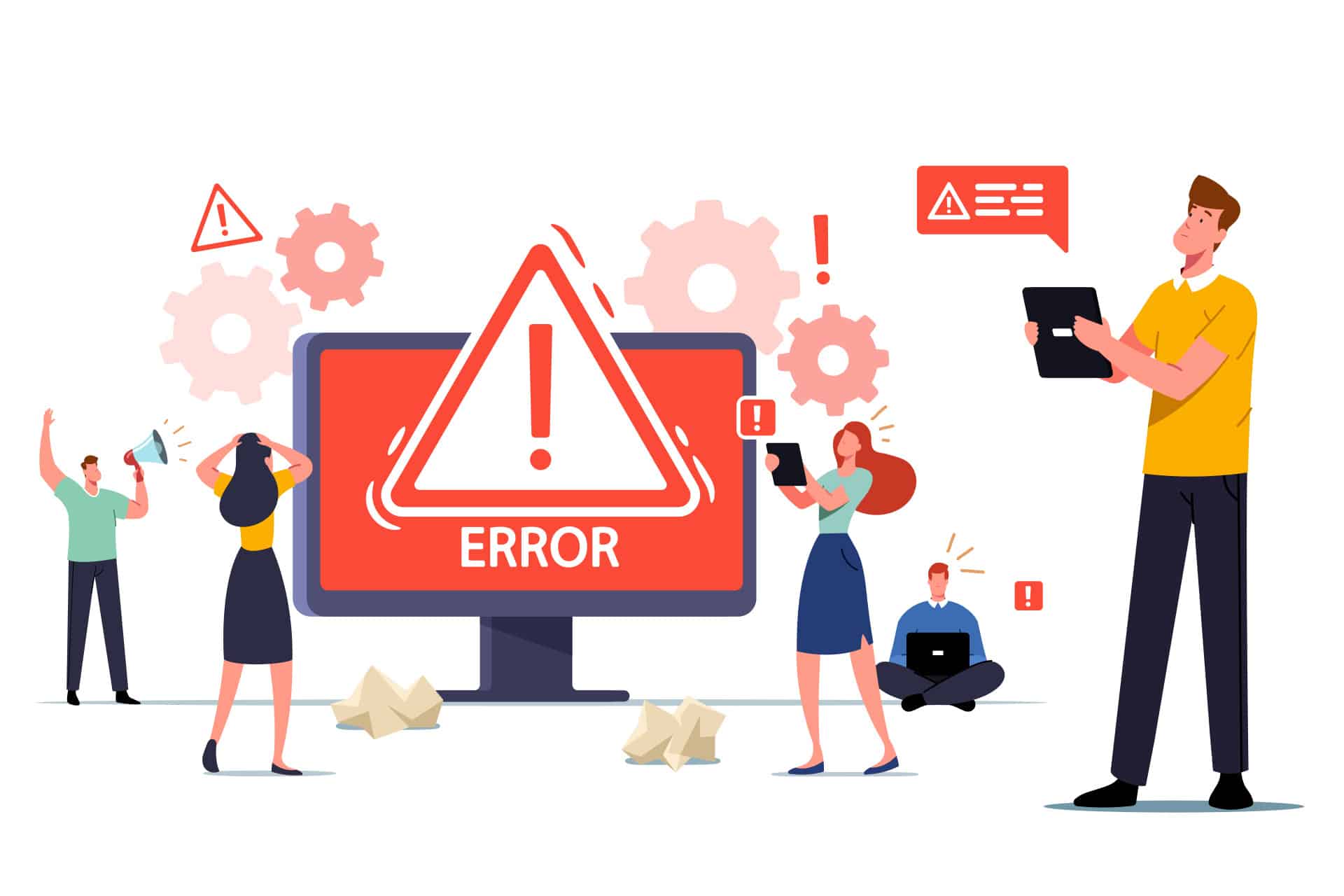 Ilustración de una pantalla con el texto error en grande, fondo rojo, y personas frustradas a su alrededor.