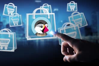 Logo de PrestaShop en un computador portátil