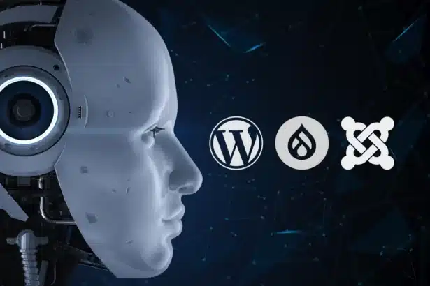 Ilustración de Inteligencia Artificial en 3D, vista lateral con pantalla de gráficos de conexión a varios CMS.