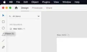 Comando utilizado por Adobe XD para la herramienta Elipse (E). La letra "E" en este caso, es fácil de asociar ya que es el comienzo de la palabra, algo que quizás añade una fácil asociación pero difícil de mantener para otros comandos, pues puede llegar a necesitarse en otra función.