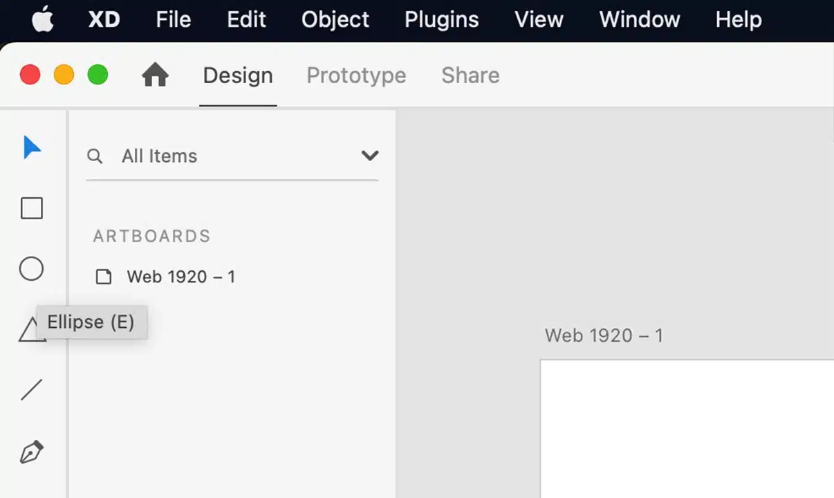 Comando utilizado por Adobe XD para la herramienta Elipse (E). La letra "E" en este caso, es fácil de asociar ya que es el comienzo de la palabra, algo que quizás añade una fácil asociación pero difícil de mantener para otros comandos, pues puede llegar a necesitarse en otra función.