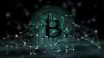 Símbolo de Bitcoin con elementos de conectividad digital en verde representando la tecnología blockchain