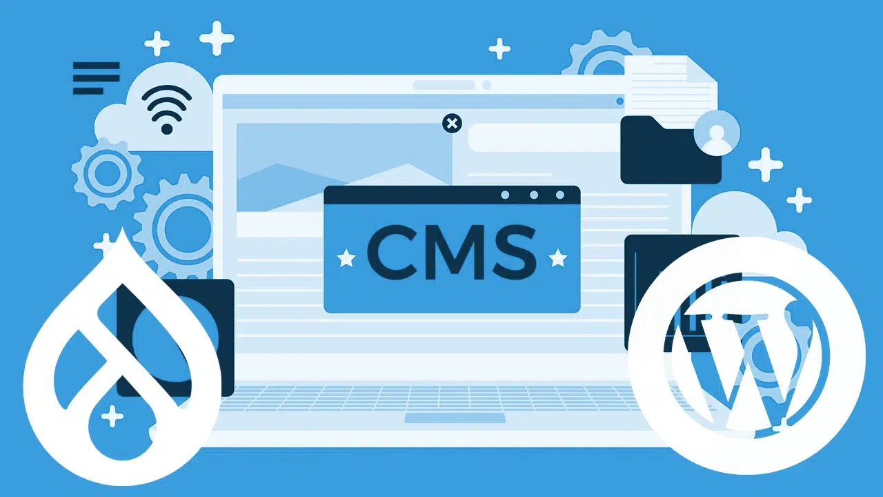 Imagen representativa del proceso de migración de un sitio Drupal a WordPress, mostrando elementos gráficos de ruedas dentadas, computador, logo de Drupal y logo de WordPress, con las siglas CMS en el medio.