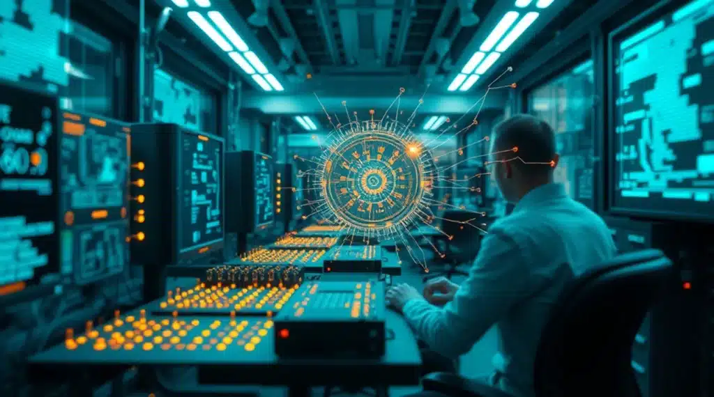 Científico en un laboratorio de computación trabajando con tecnologías de comunicación avanzadas y computación cuántica.