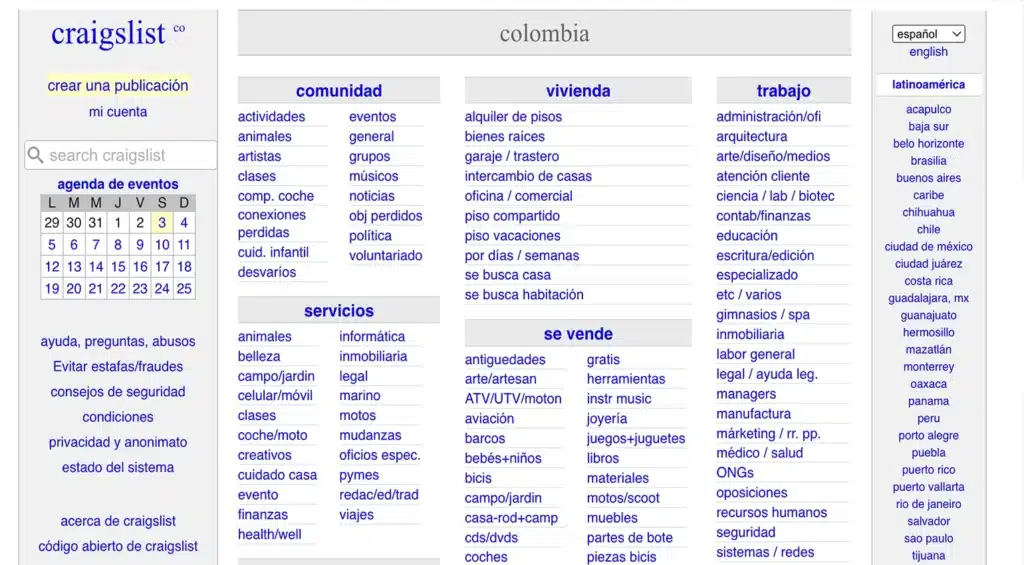 Craiglist, ejemplo de sitio web utilizando el estilo Brutalismo.