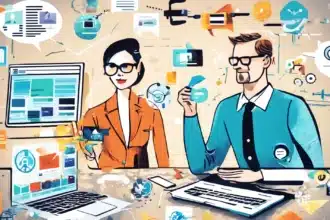 Ilustración de profesionales de marketing colaborando en la selección de plataforma de email marketing para impulsar el crecimiento del negocio.