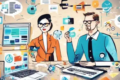 Ilustración de profesionales de marketing colaborando en la selección de plataforma de email marketing para impulsar el crecimiento del negocio.