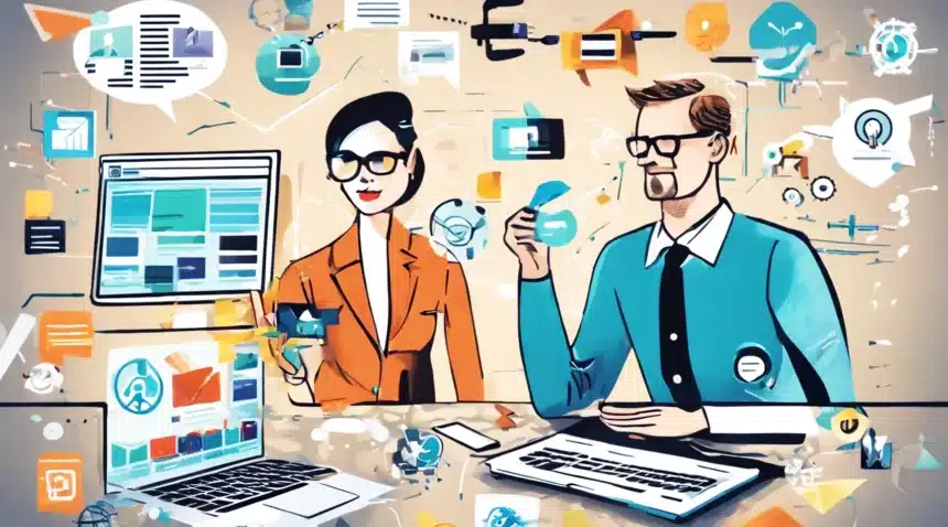 Ilustración de profesionales de marketing colaborando en la selección de plataforma de email marketing para impulsar el crecimiento del negocio.