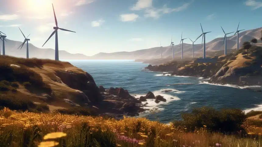 Ilustración de un paisaje con molinos de viento, energía renovable, tecnología sostenible.