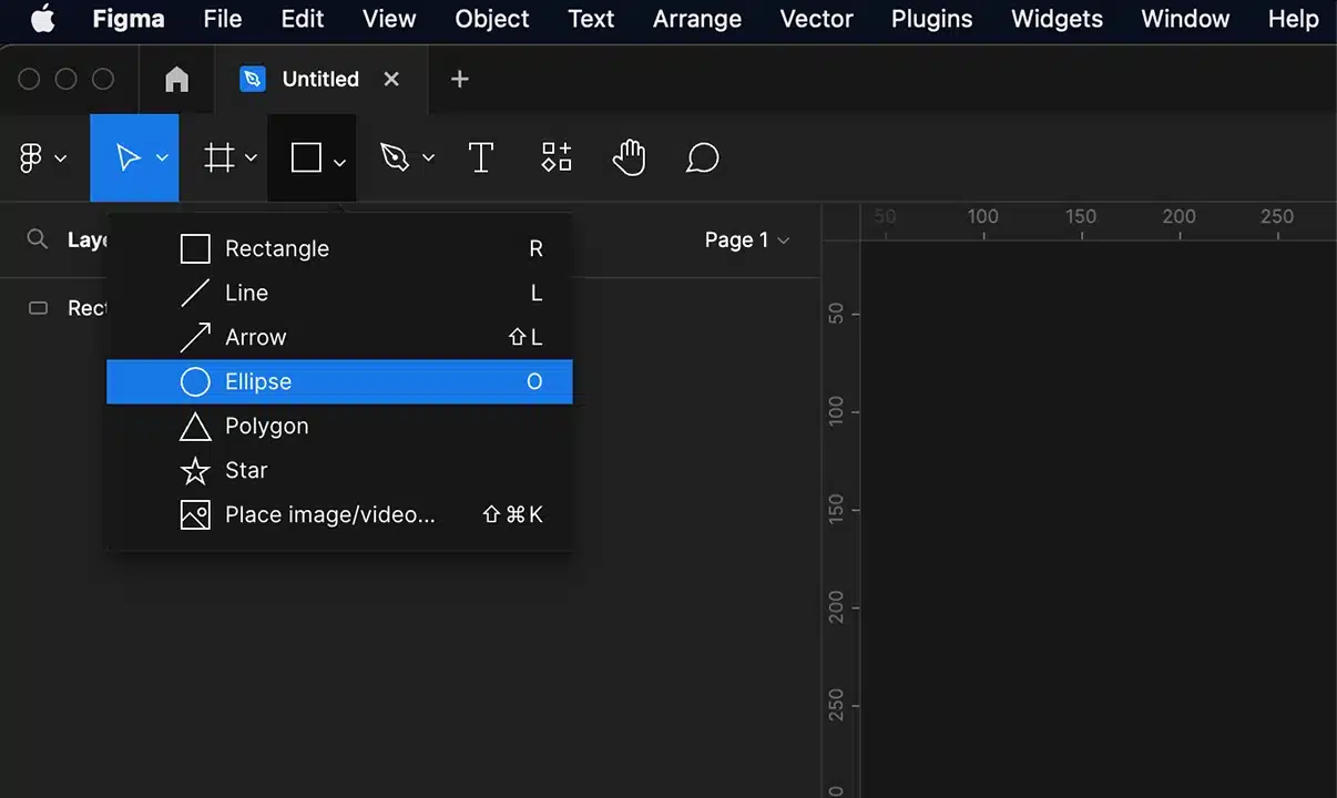 Figma también utiliza la letra "O" para la función de "Ellipse".
