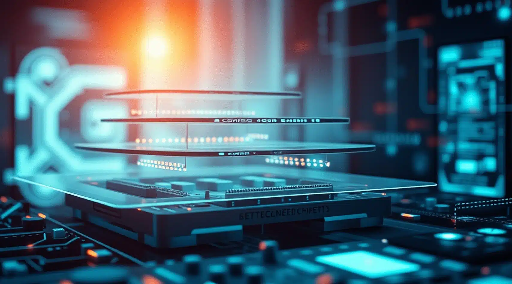 Representación abstracta de niveles avanzados en desarrollo computacional, con componentes en capas iluminados en tonos futuristas.