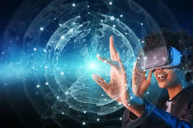 Joven utilizando visores de realidad virtual en el Metaverso