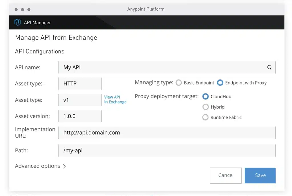 Software de Plataformas Componibles, un ejemplo de "Mulesoft Anypoint API Manager" vista de una de sus interfaces para operar y escalar un programa de APIs de manera eficiente.
