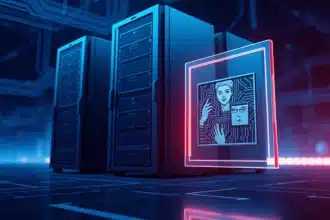 Servidor web mostrando un NFT en pantalla, simbolizando la integración de arte digital y hosting