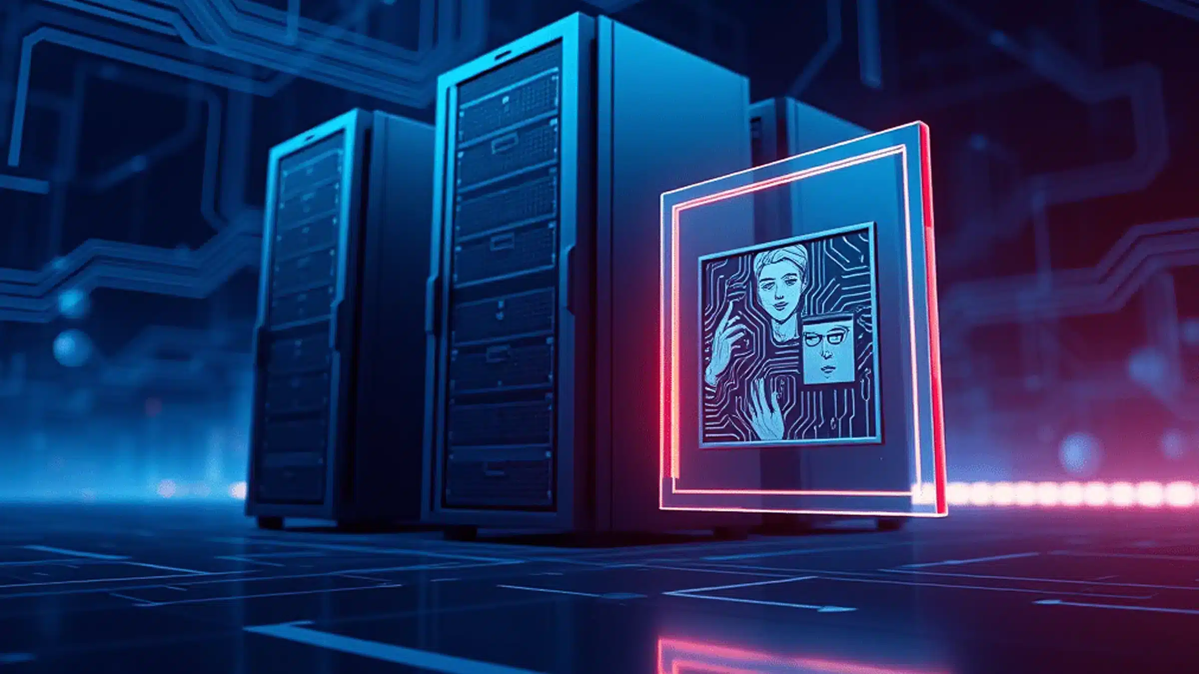 Servidor web mostrando un NFT en pantalla, simbolizando la integración de arte digital y hosting