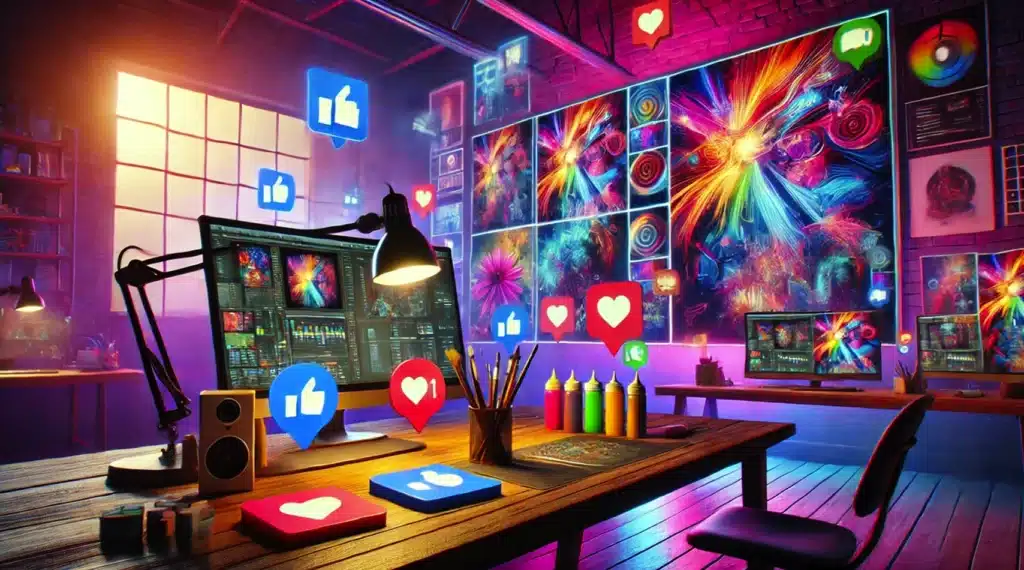 Espacio de trabajo digital con pantallas mostrando arte digital y símbolos de interacción social, destacando el uso de redes sociales para promover NFTs