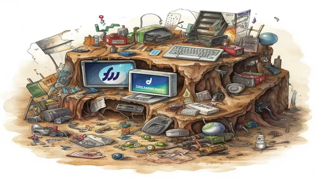 Programas olvidados de Macromedia, que fueron adquiridos por adobe, ilustración humorista.