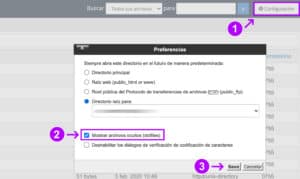 Activando la visualización de archivos ocultos en el cPanel.