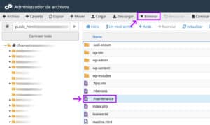 Localizando el fichero .maintenance en el administrador de archivos de cPanel.