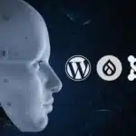 Ilustración de Inteligencia Artificial en 3D, vista lateral con pantalla de gráficos de conexión a varios CMS.