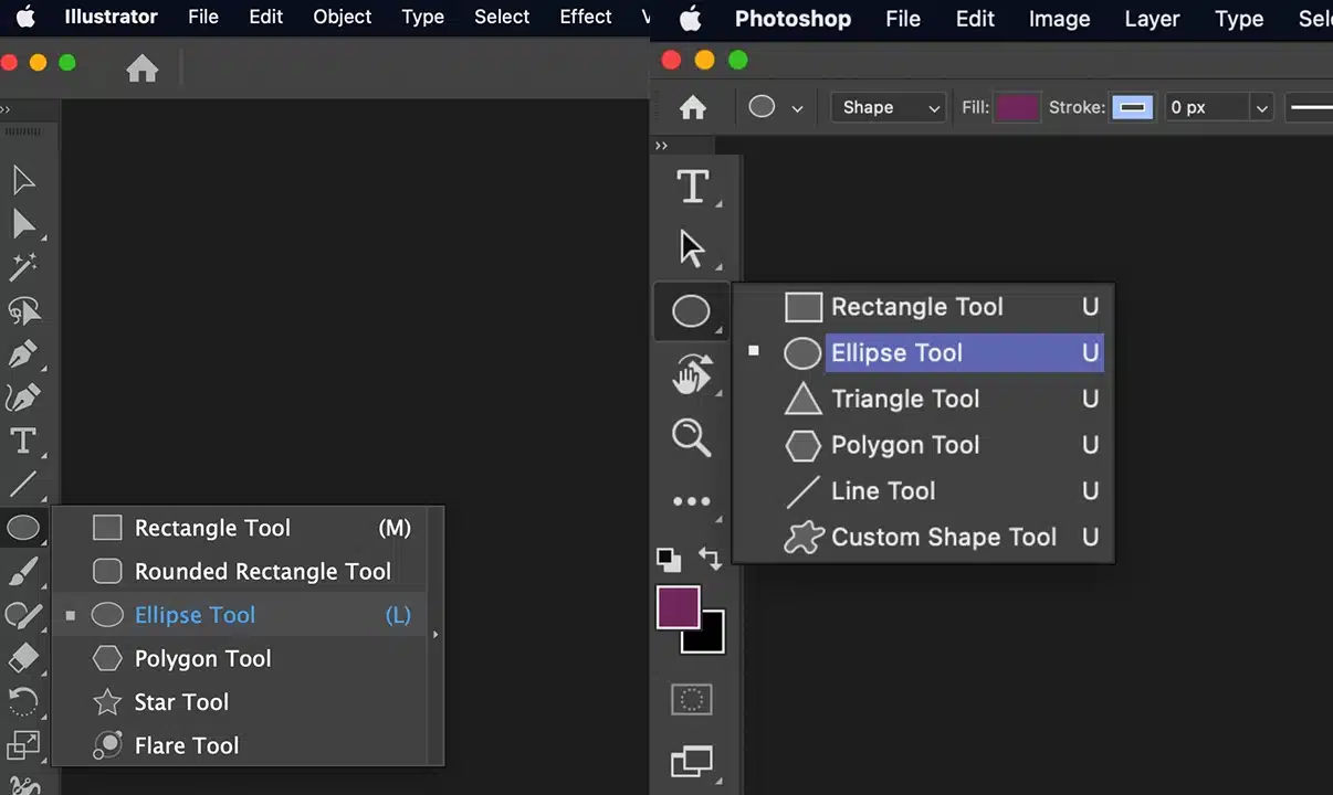Comandos utilizados por Adobe para una misma herramienta en sus programas. A la izquierda para Illustrator (L), a la derecha en Photoshop (U).