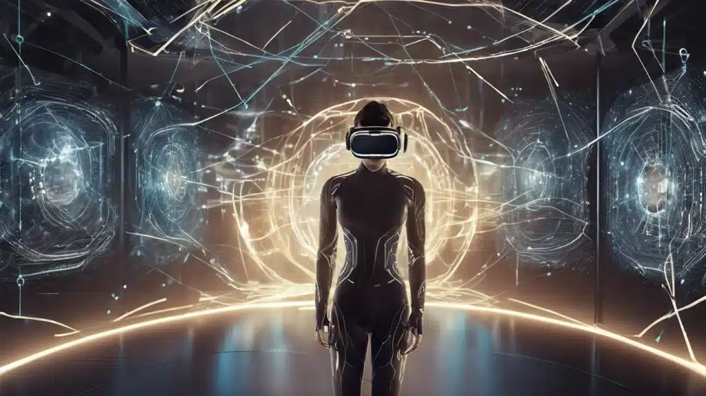 Persona en traje futurista usando un visor de realidad virtual, rodeada de gráficos de energía y redes cuánticas.