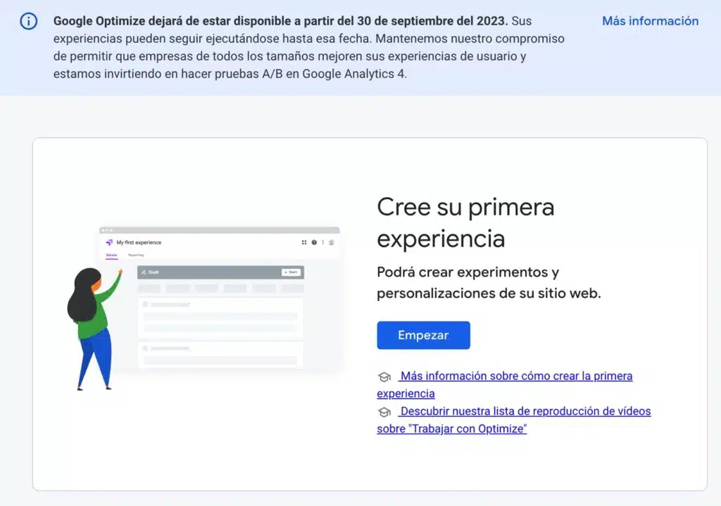Mensaje actual que indica el próximo cierre de Google Optimize.