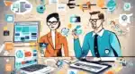 Ilustración de profesionales de marketing colaborando en la selección de plataforma de email marketing para impulsar el crecimiento del negocio.