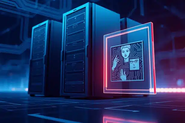 Servidor web mostrando un NFT en pantalla, simbolizando la integración de arte digital y hosting